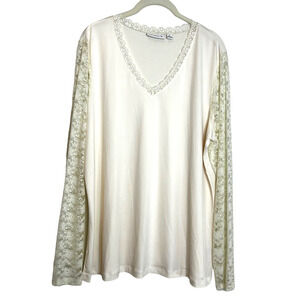 Susan Graver Womens Semi-Sheer Knit Pullover XL Ivory Lace Sleeves